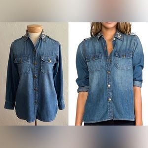 CURRENT/ELLIOTT STUDDED BLUE DENIM JEAN SHIRT TOP SIZE 0